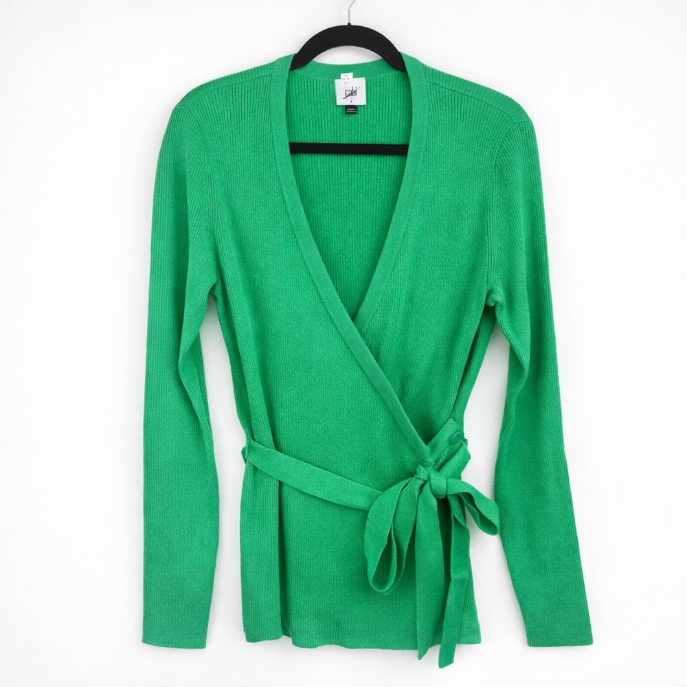 CAbi New Vibrant Green V-Neck Wrap Sweater Ribbed Cocktail Cardigan Long Sleeve